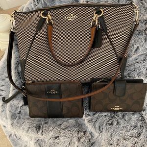 Coach brown/black tweed bag with matching accessories